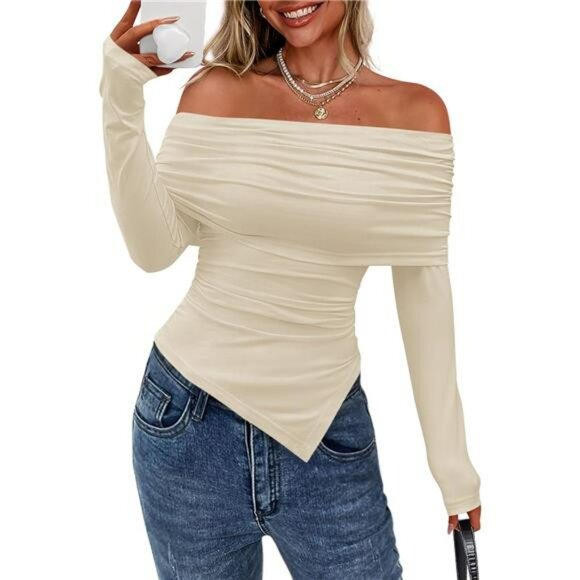 Womens Off Shoulder Long Sleeve Top Fitted Y2K Fall Going Out Blouse Trendy - Picture 1 of 7